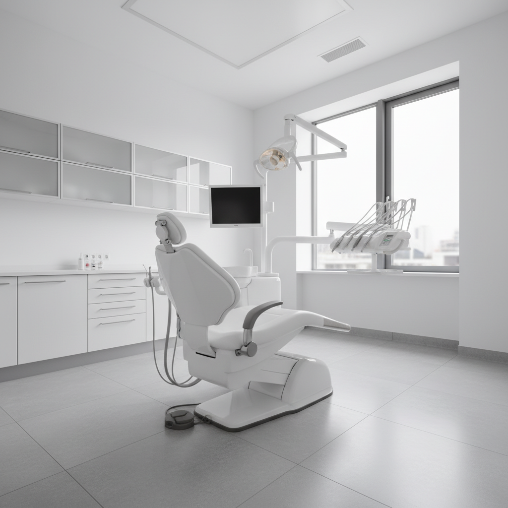 A modern, clean dental operatory with a focus on the seamless, hygienic surfaces of the dental chair.