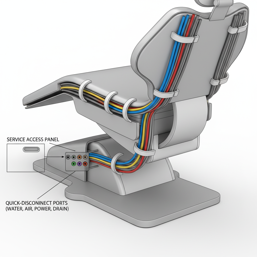 显示牙科治疗椅底座内电缆和管道整洁有序的内部路线的示意图。