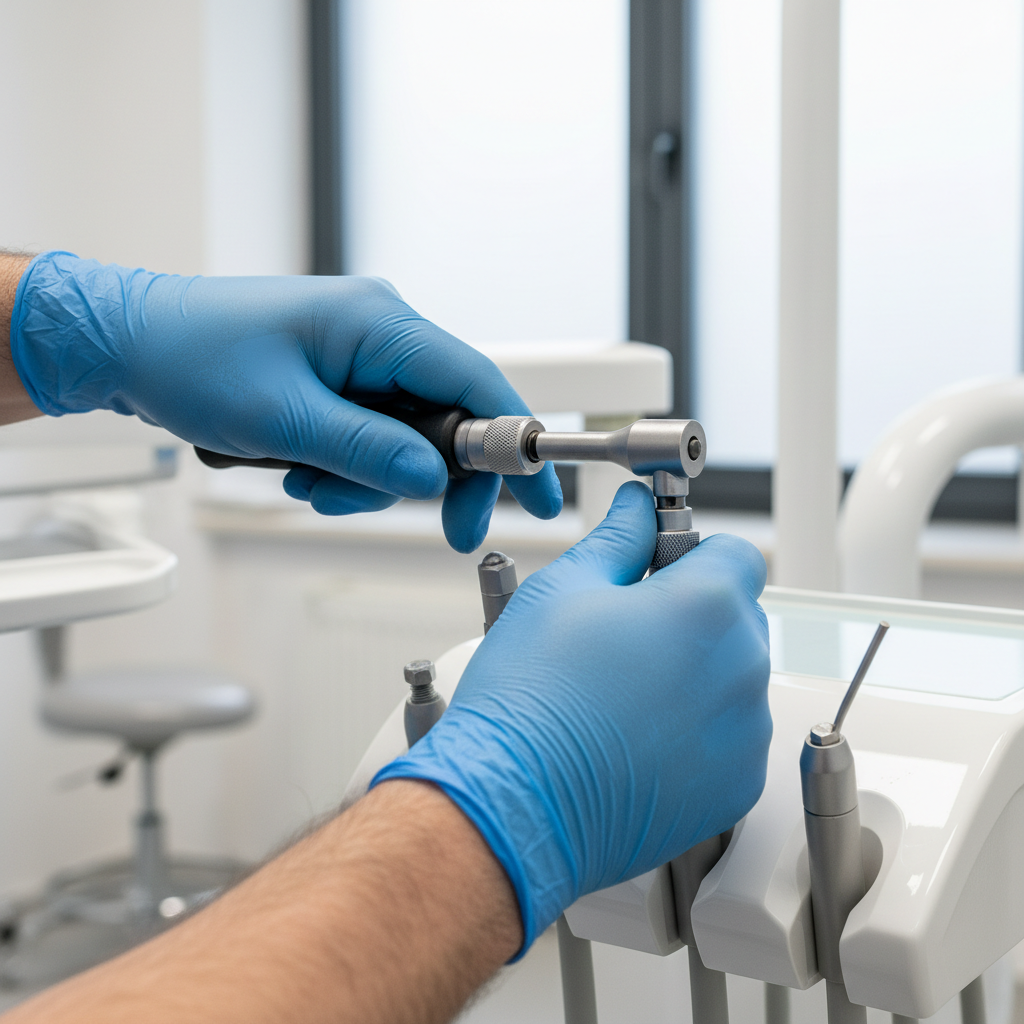A technician performing preventive maintenance on a dental chair's lift system.
