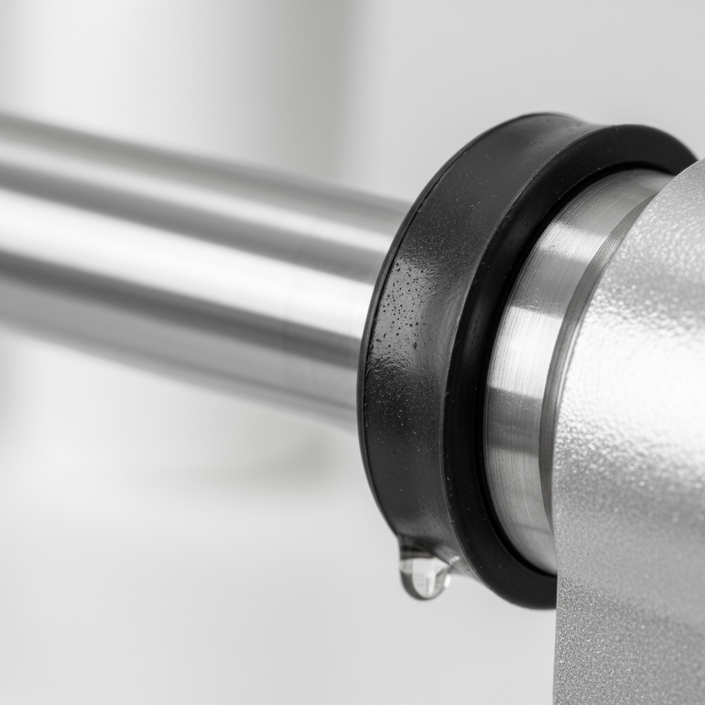 A detailed close-up of a hydraulic seal on a dental chair lift mechanism.