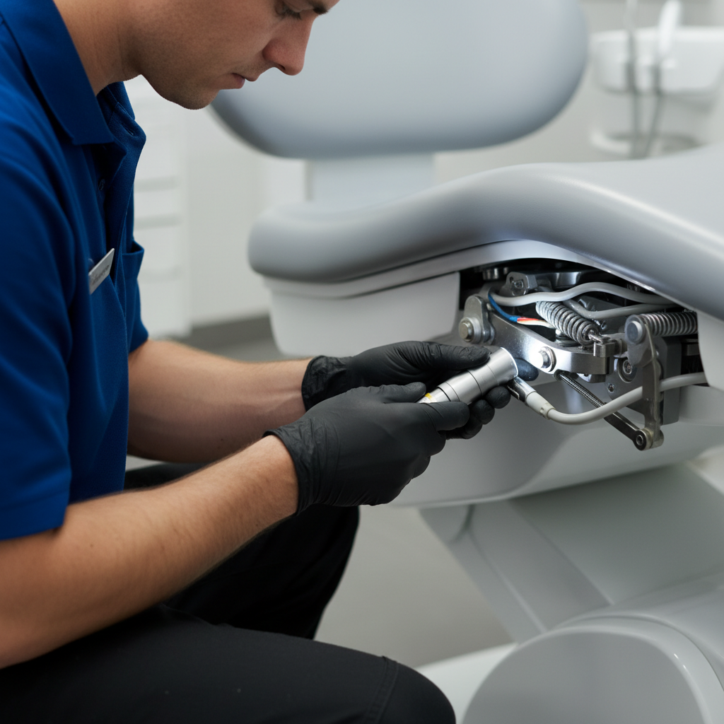 A technician inspecting the base of a dental chair, focusing on the lift mechanism.