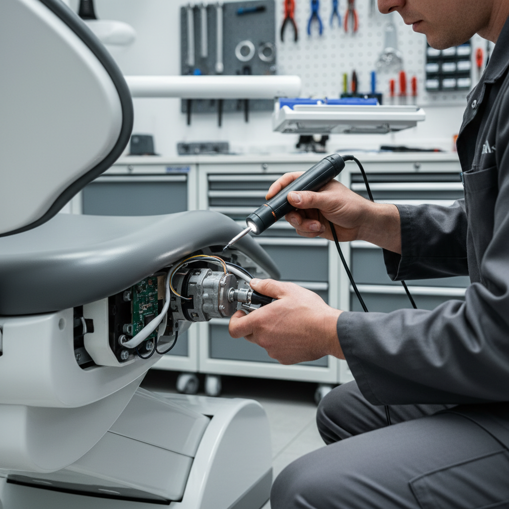 A technician in a clean workshop is carefully inspecting the lift motor of a dental chair.