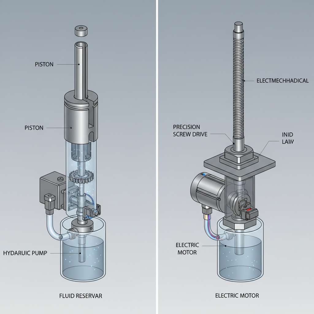 A split-view image showing the internal mechanisms of a hydraulic lift on one side and an electromechanical lift on the other.