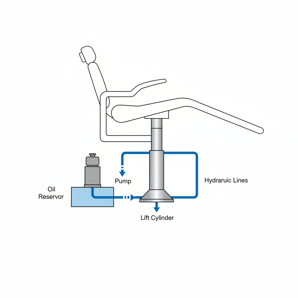 A clear, labeled diagram illustrating the components of a dental chair's hydraulic system, including the oil reservoir, pump, and lift cylinder.