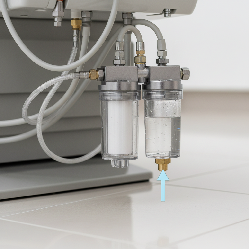 A close-up shot of the air and water filters at the base of a dental chair, with arrows pointing to the daily drain traps.