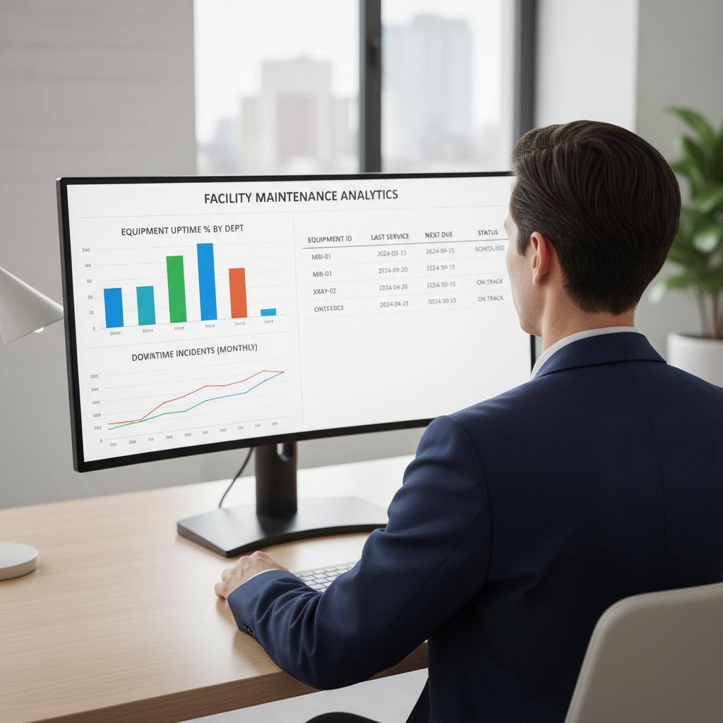 A clinic manager analyzing dental chair maintenance data on a computer screen showing performance graphs.