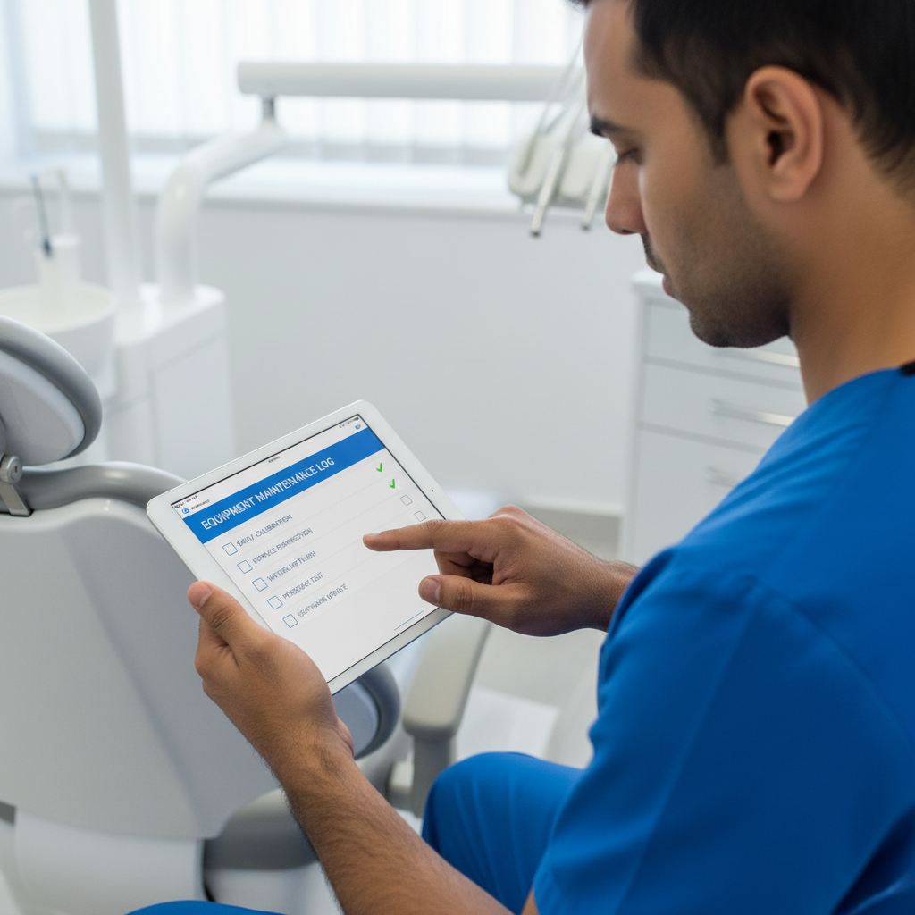 A dental technician in uniform is using a tablet to update a digital maintenance log, with the dental chair visible in the background.