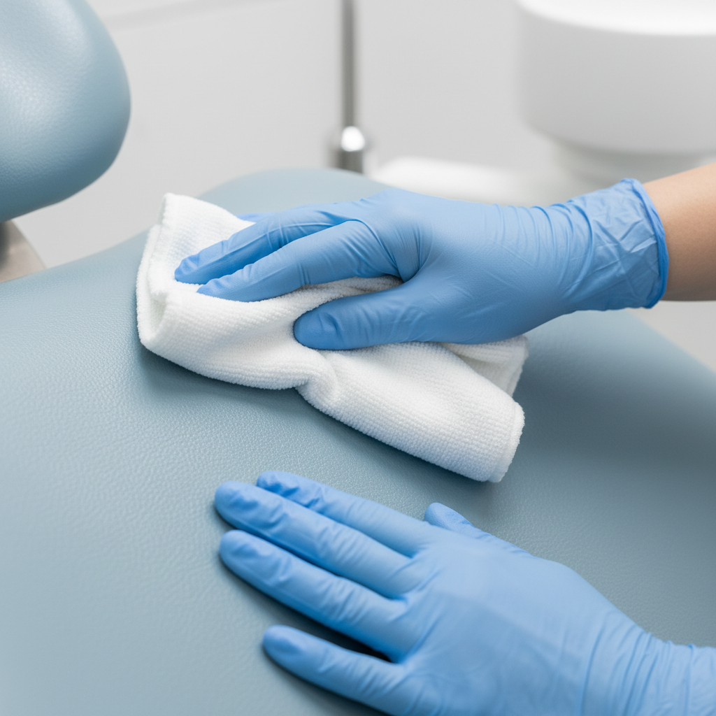 A technician's hands carefully cleaning and inspecting the upholstery seams of a dental chair.