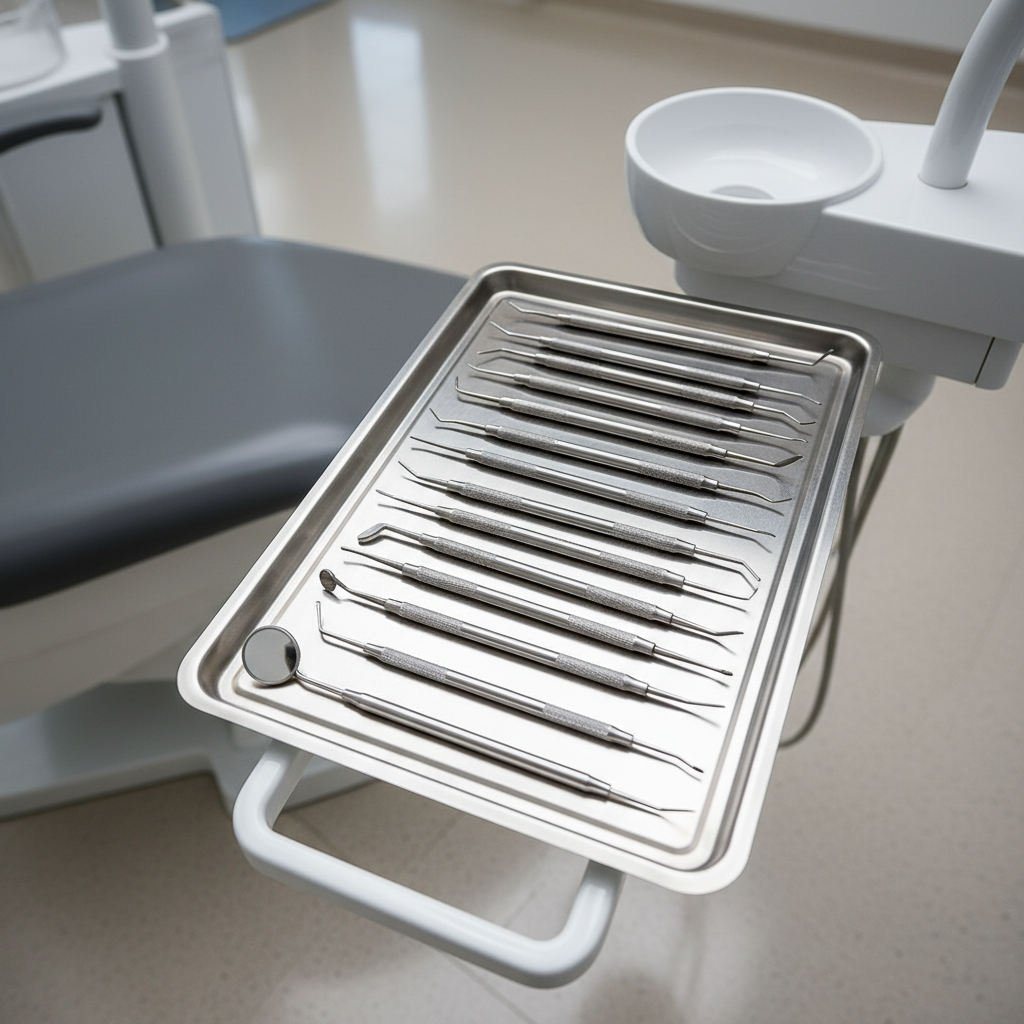 从上往下看，牙科器械盘摆放整齐，就在医生的椅子上。