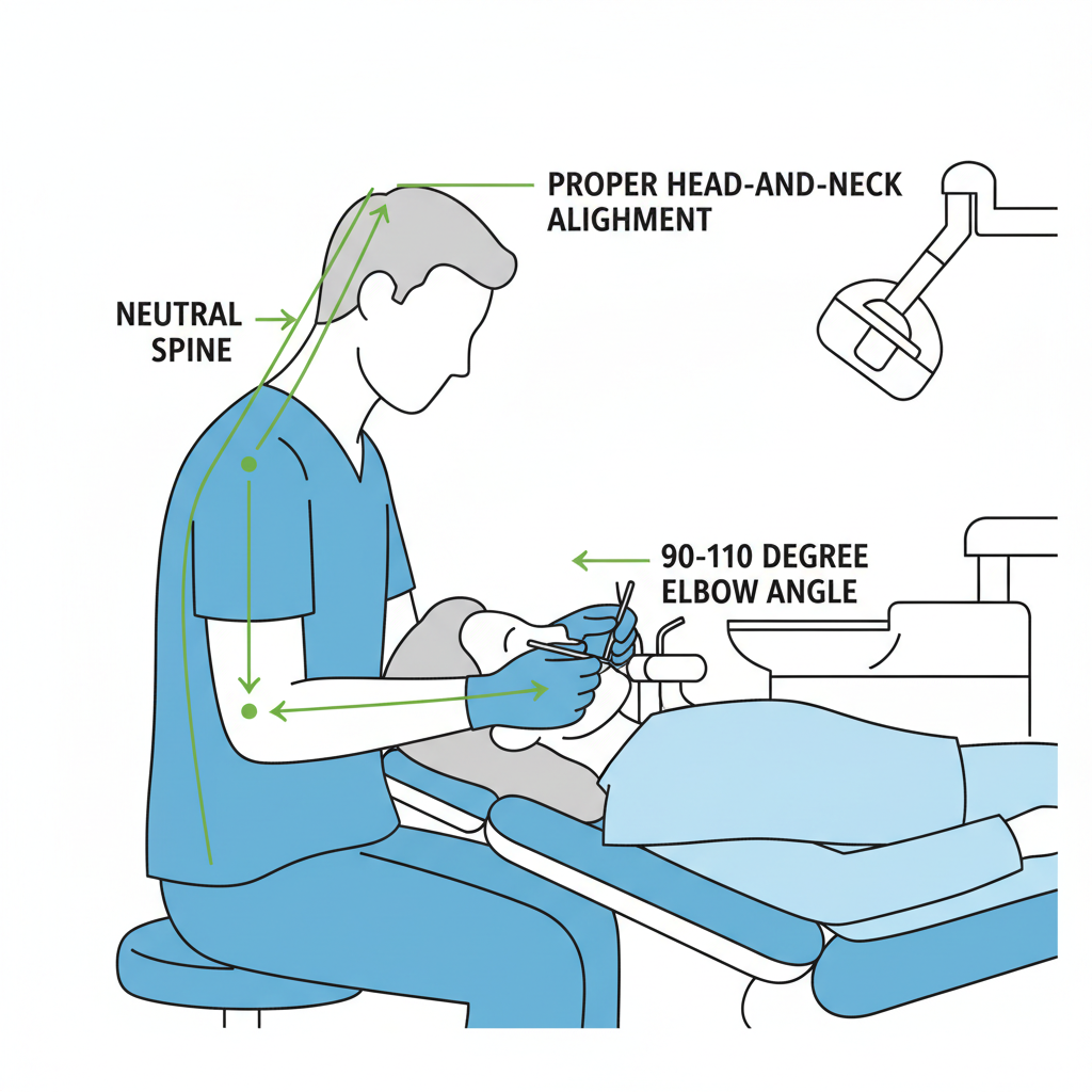 显示牙医正确人体工学姿势的图表，突出显示了背部、颈部和手臂的角度。