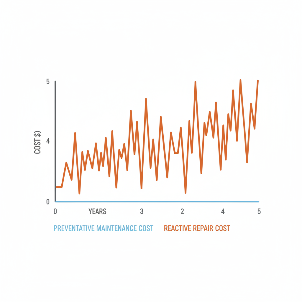 An infographic chart showing the rising costs of reactive vs. preventative dental chair maintenance over time.