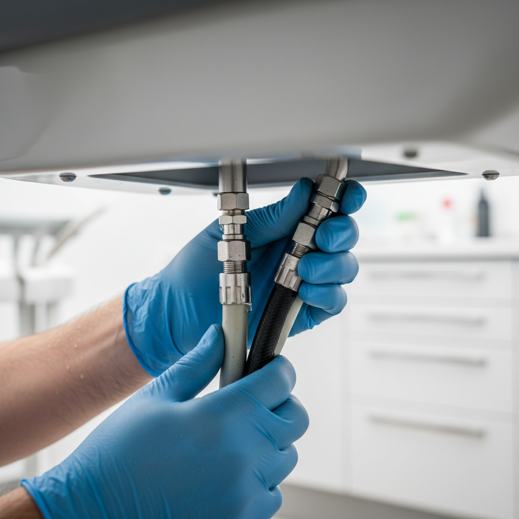 技师双手检查牙科椅下液压管路的细节镜头。