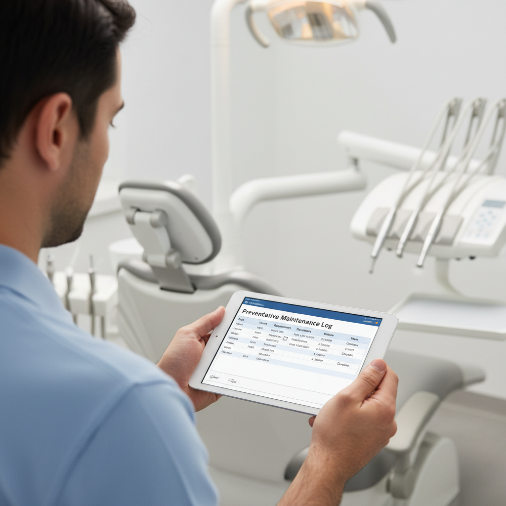 一位牙科诊所经理正在查看牙椅旁的维修日志。