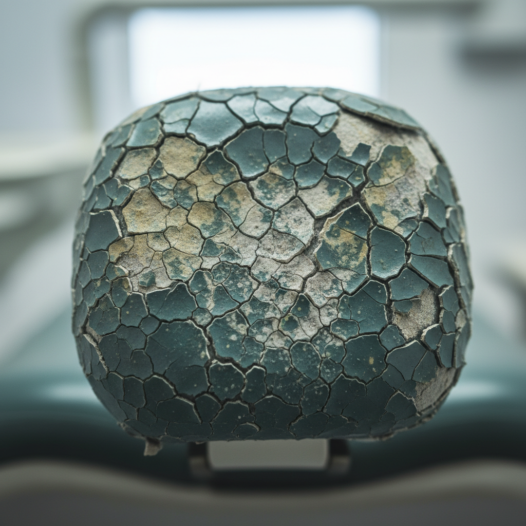 A close-up view showing cracked and worn upholstery on a dental chair, a result of using harsh chemical disinfectants.