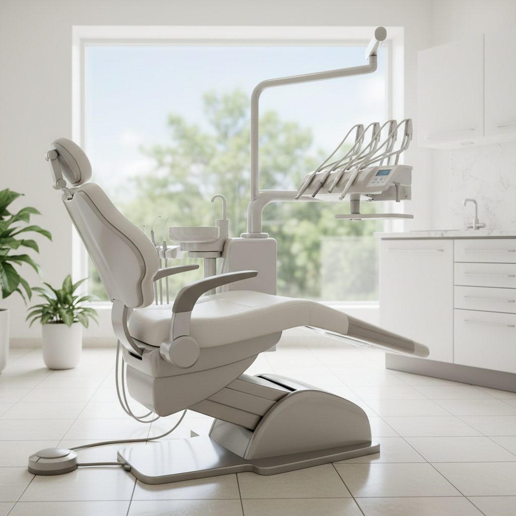 A durable dental chair in a well-lit, modern dental clinic, emphasizing long-term value and reliability.