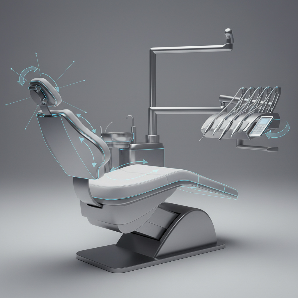 牙科椅人体工学调节点示意图，包括头枕、靠背和手臂位置。