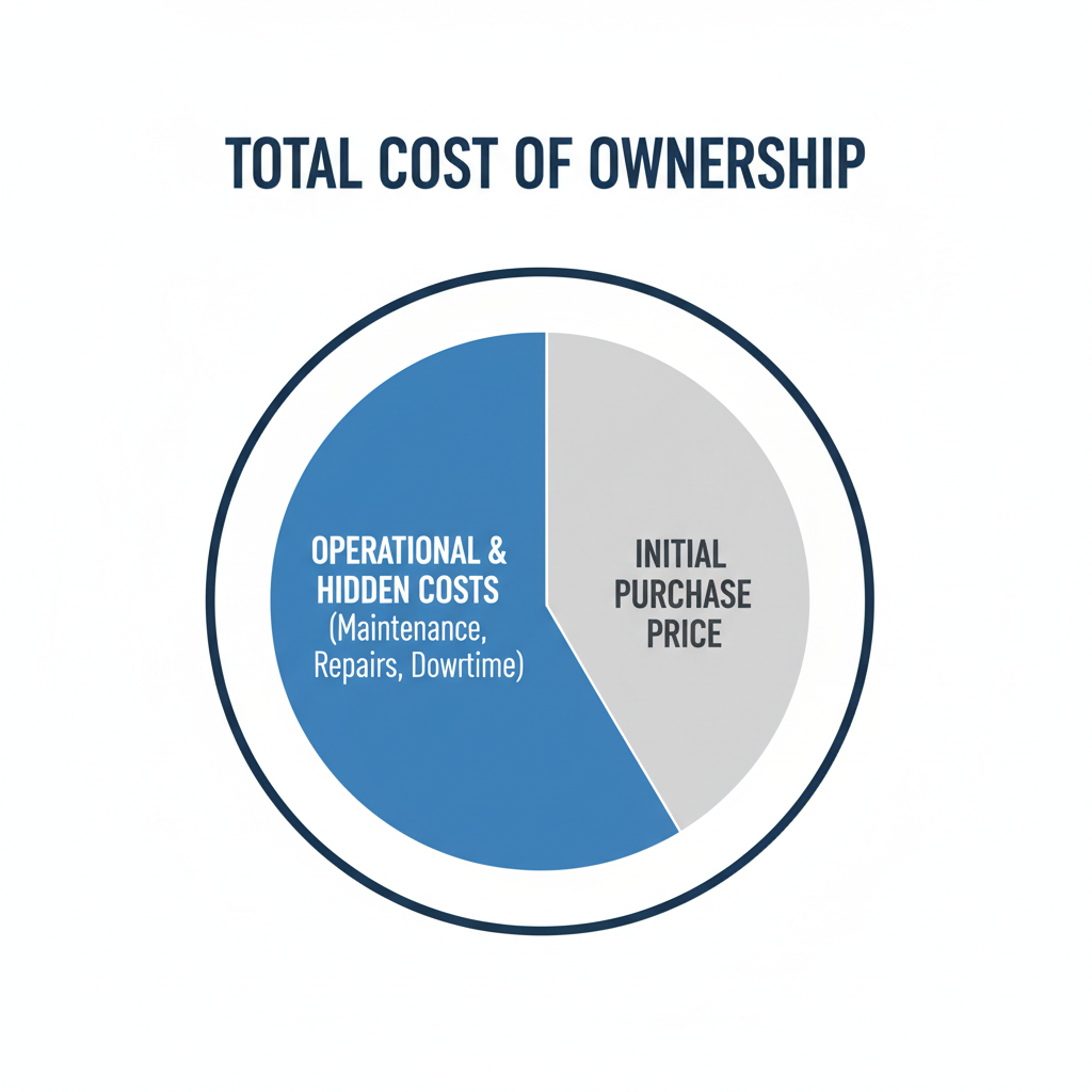 A clean and professional infographic chart that visually breaks down the Total Cost of Ownership for a dental chair. The chart shows a large slice for 'Hidden Costs' (Maintenance, Downtime, Repairs) and a smaller slice for 'Initial Purchase Price.'