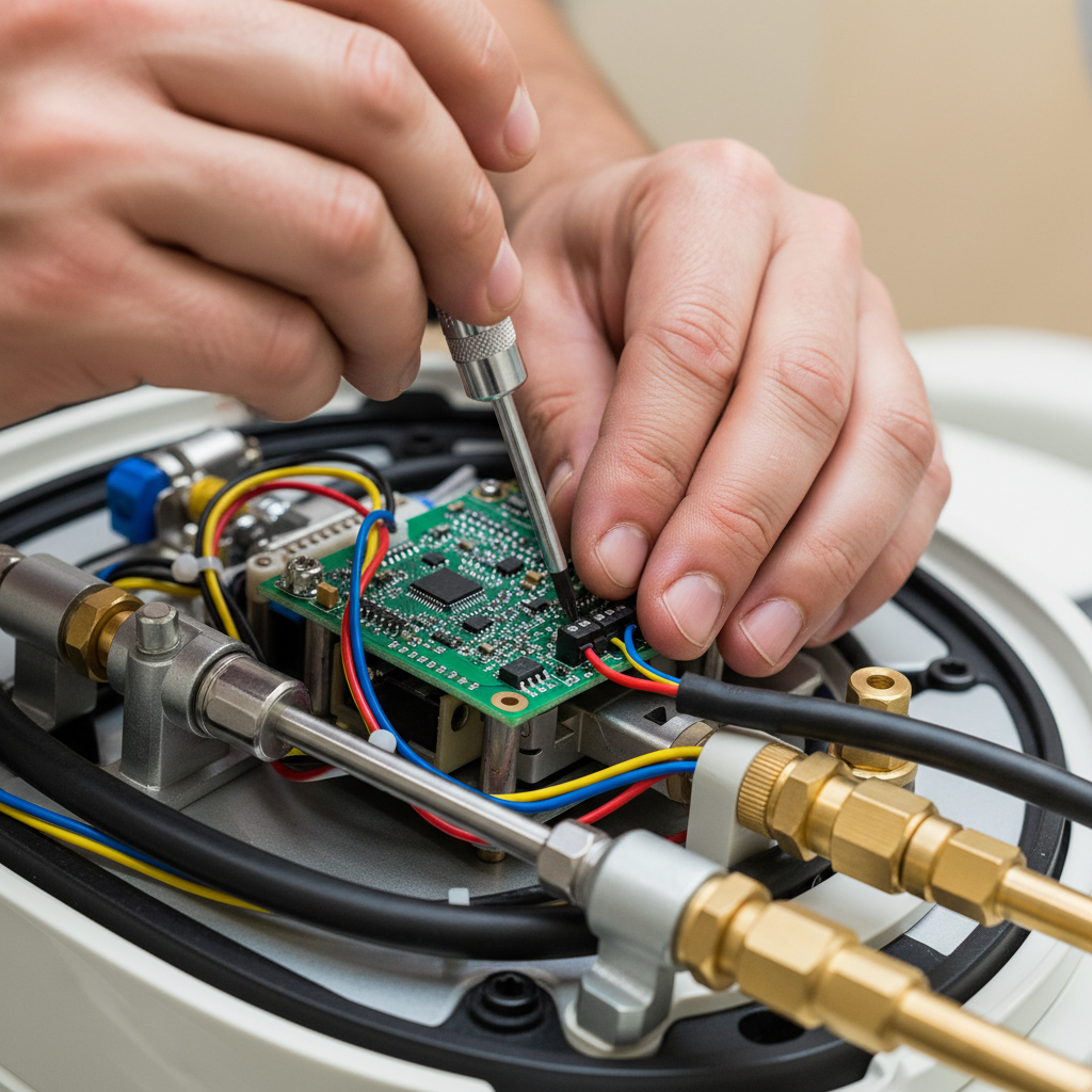 A close-up shot of a technician's hands carefully inspecting the hydraulic actuators and wiring inside a dental chair's base.