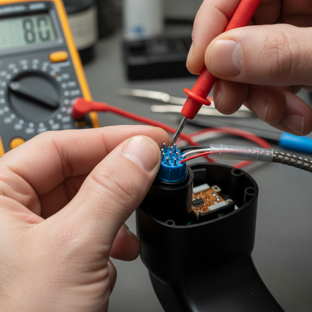 技术人员检查牙科椅脚踏板线路的特写。