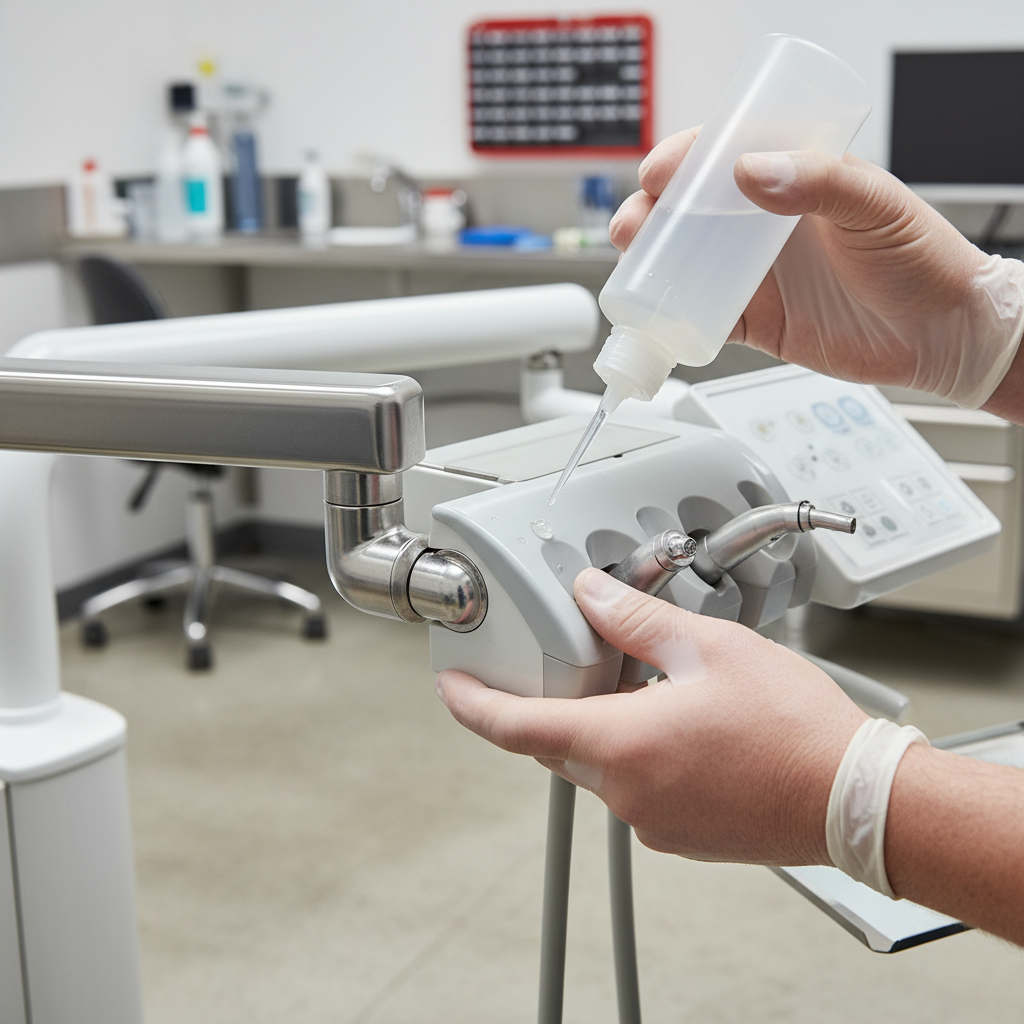 一名技术人员在牙科治疗椅的枢轴点上涂抹润滑剂,作为日常维护计划的一部分。