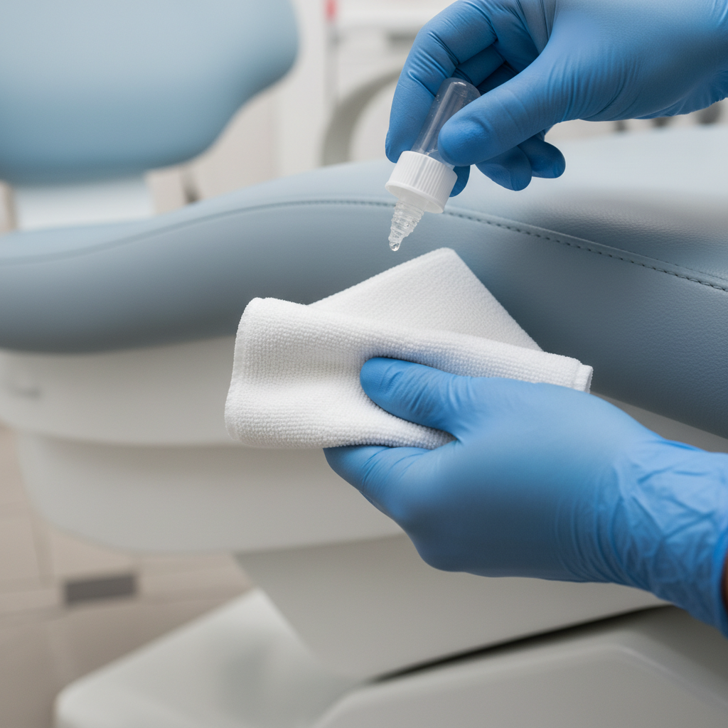 一只戴着手套的手小心翼翼地将喷壶中的清洁液涂抹在抹布上,然后擦拭牙科椅底部的一个隐蔽角落。