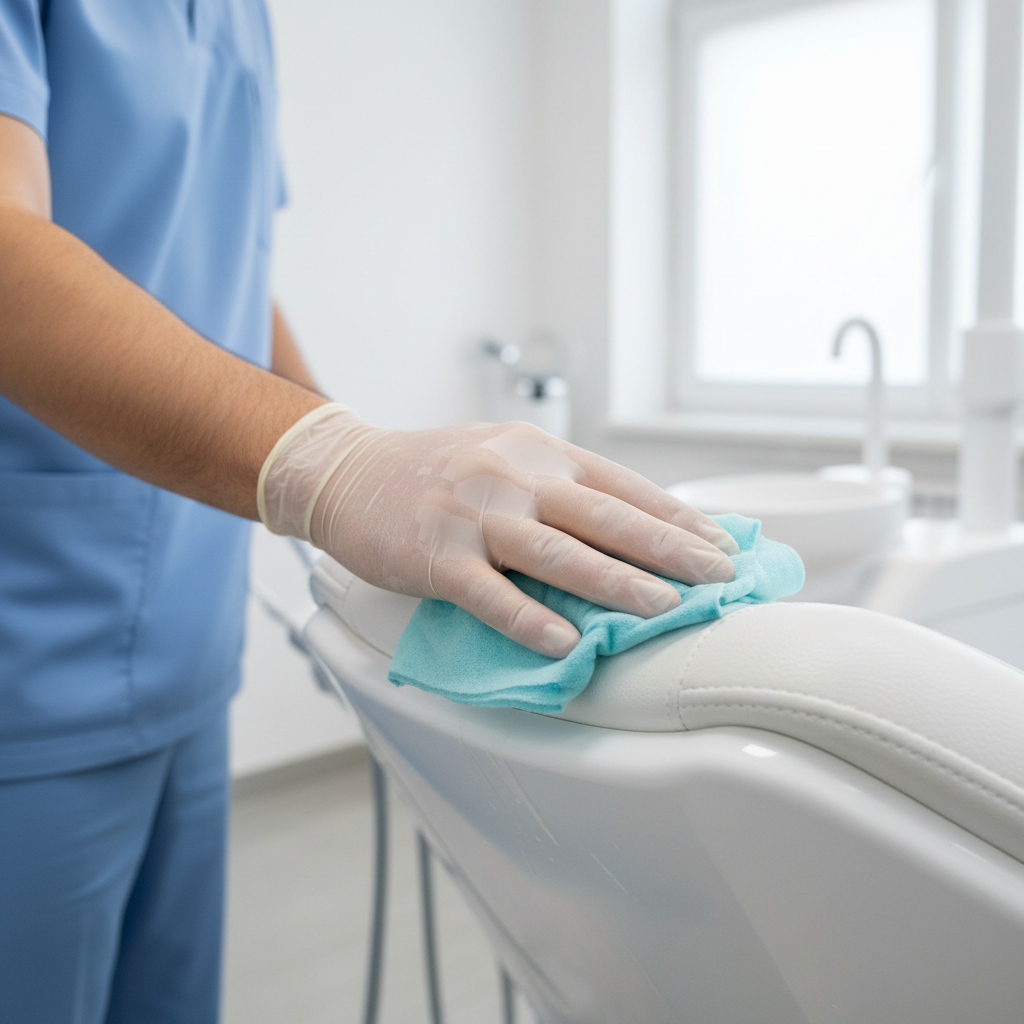 一名牙科助理轻松擦拭牙科治疗椅的表面,展示抗化学材料对感染控制的重要性。