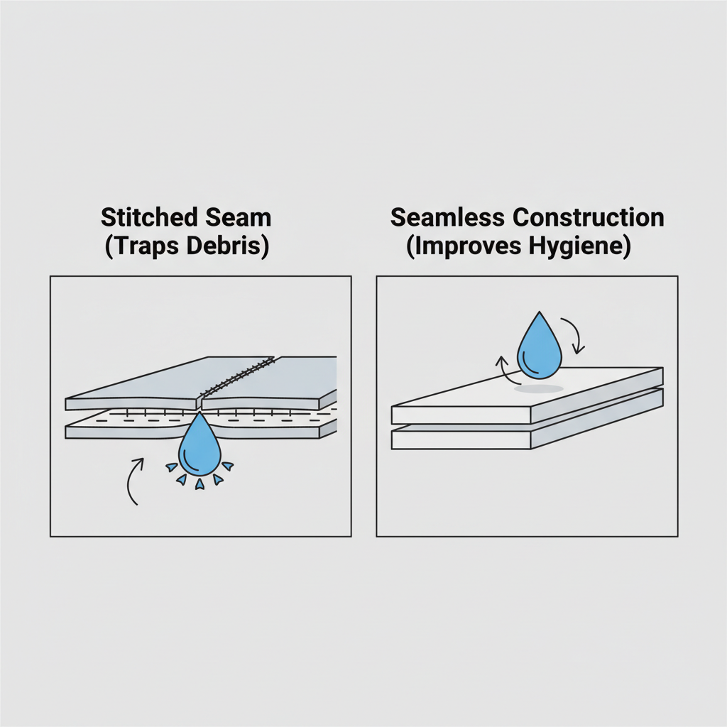 图示显示了无缝软垫边缘与缝合接缝的区别,突出了无缝设计如何防止液体渗入。