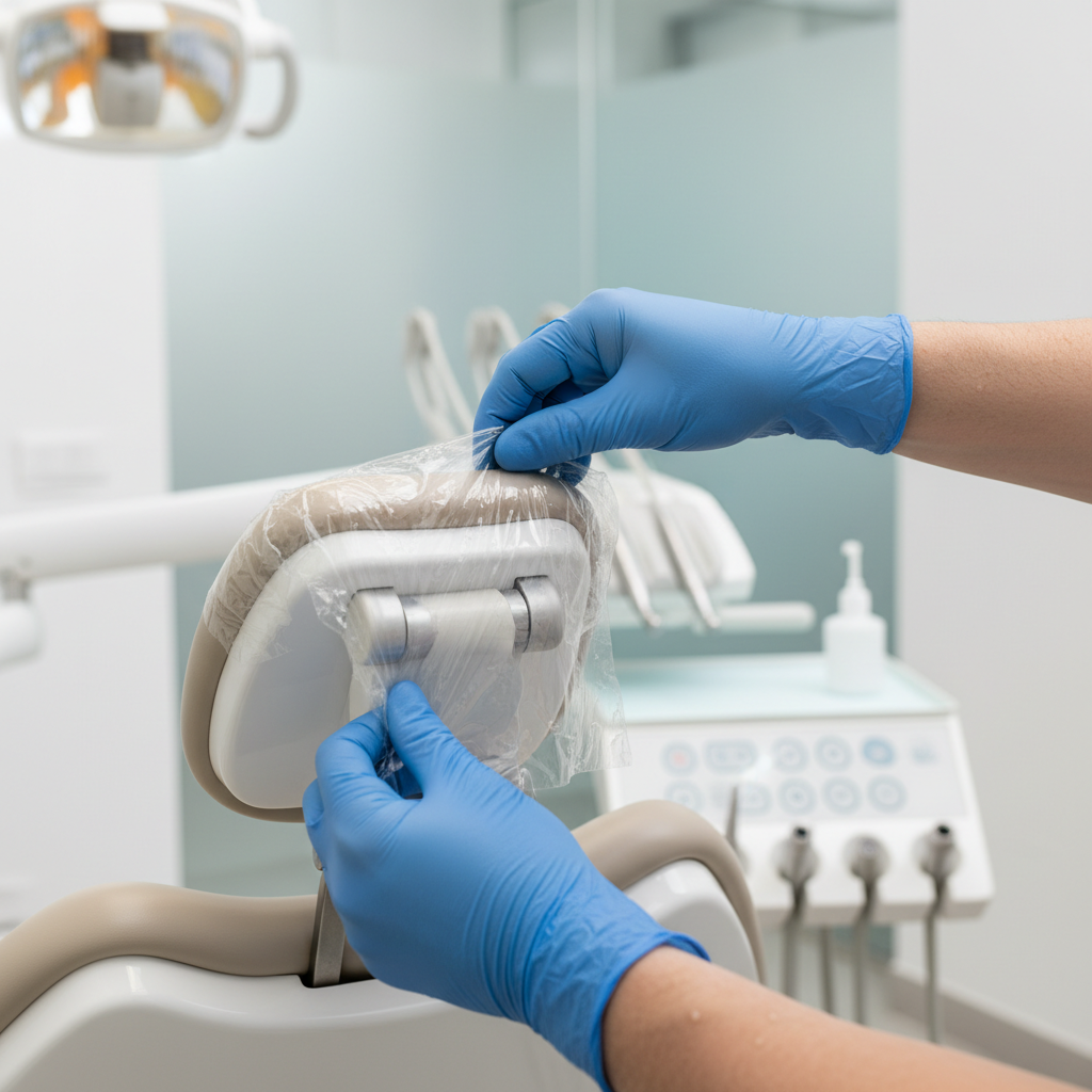 A dental assistant applying a clear adhesive barrier film to the headrest of a dental chair, demonstrating preventative care.