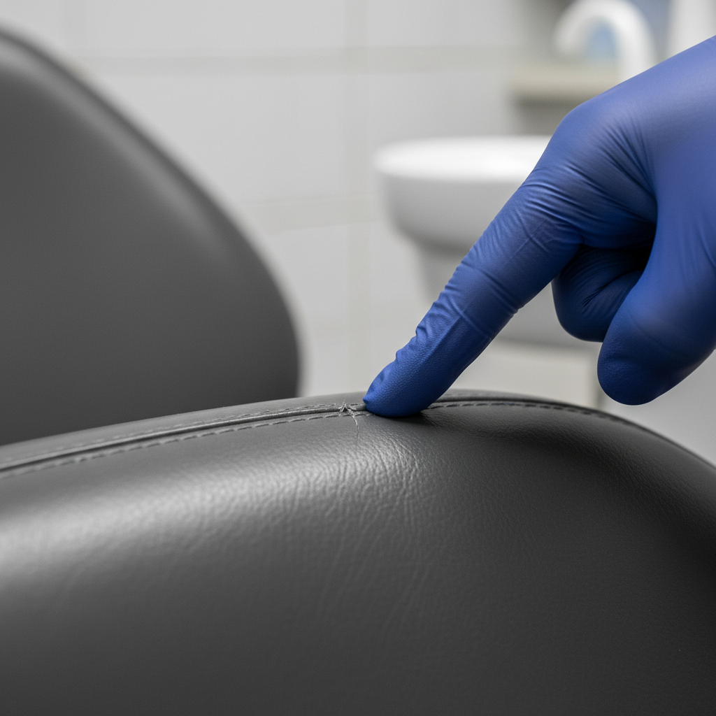 A close-up view of a person's gloved hand pointing to a tiny crack in the seam of a dental chair's vinyl upholstery, highlighting the need for inspection.
