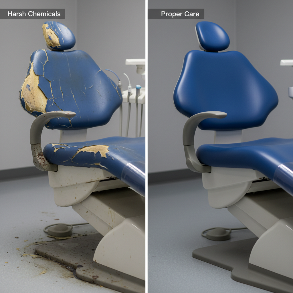 A split-image showing a damaged, cracked dental chair upholstery on one side and a well-maintained one on the other.