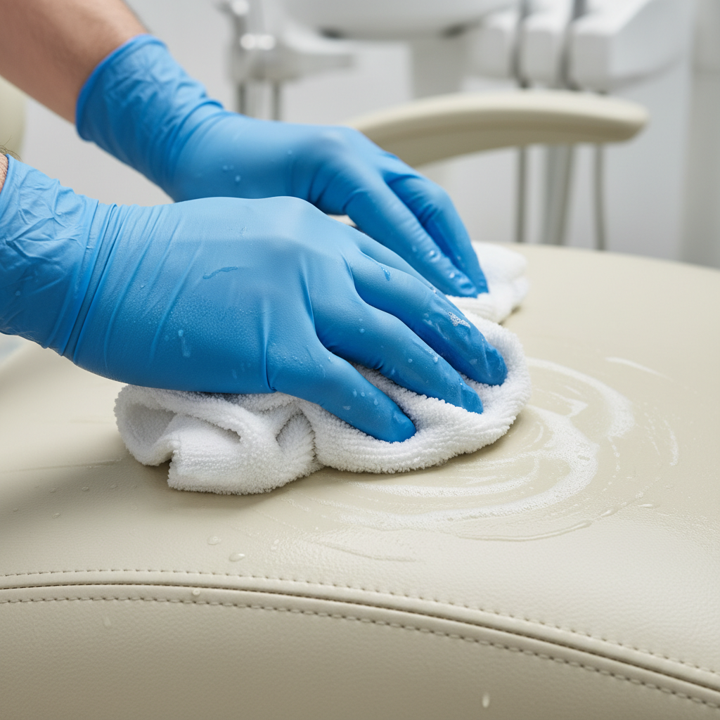 A gloved hand using a microfiber cloth to carefully wipe down the upholstery of a dental chair.