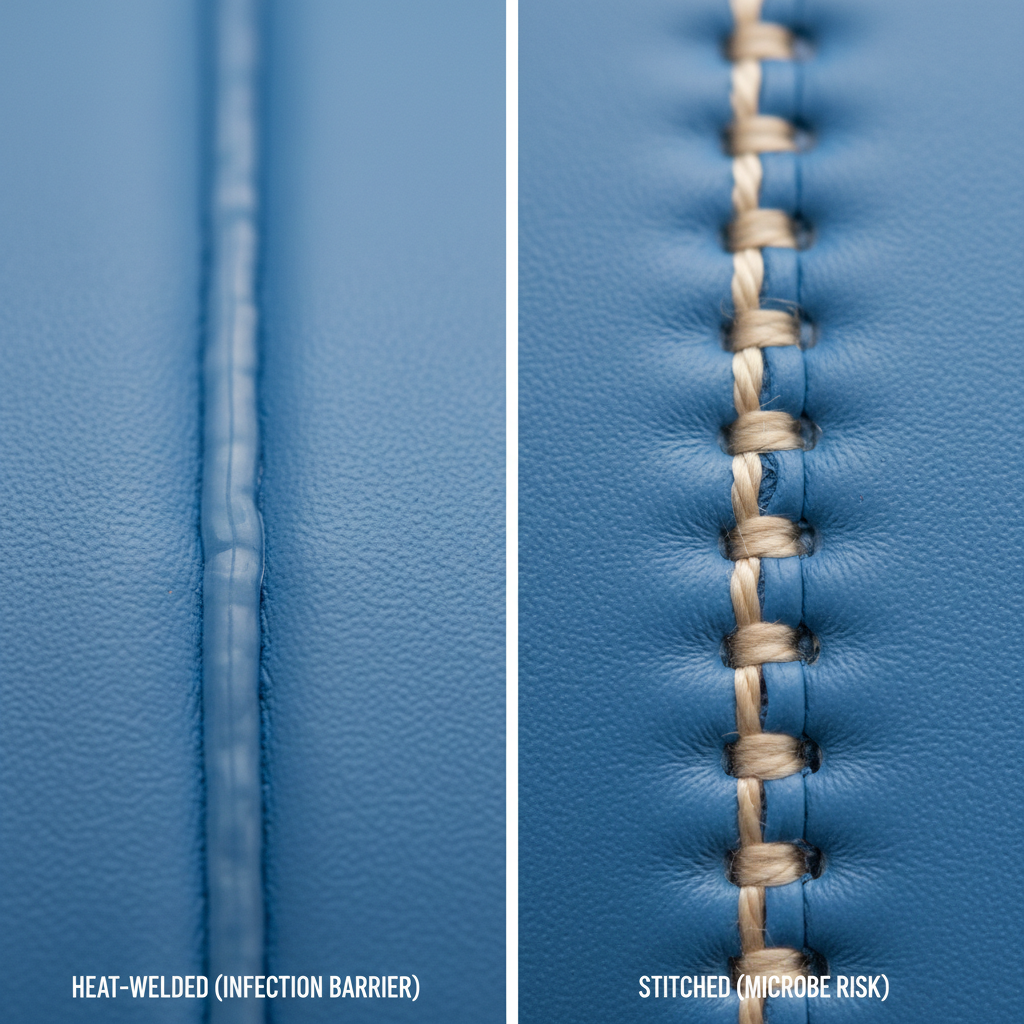 一张特写照片显示，与穿孔缝合的接缝相比，牙科椅垫的焊缝边缘整洁无缝。