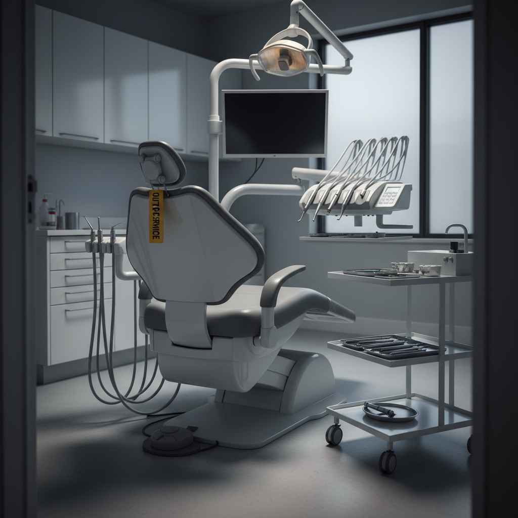 一个 "停止服务 "的标志挂在一张空的牙科椅子上，象征着停工的代价。