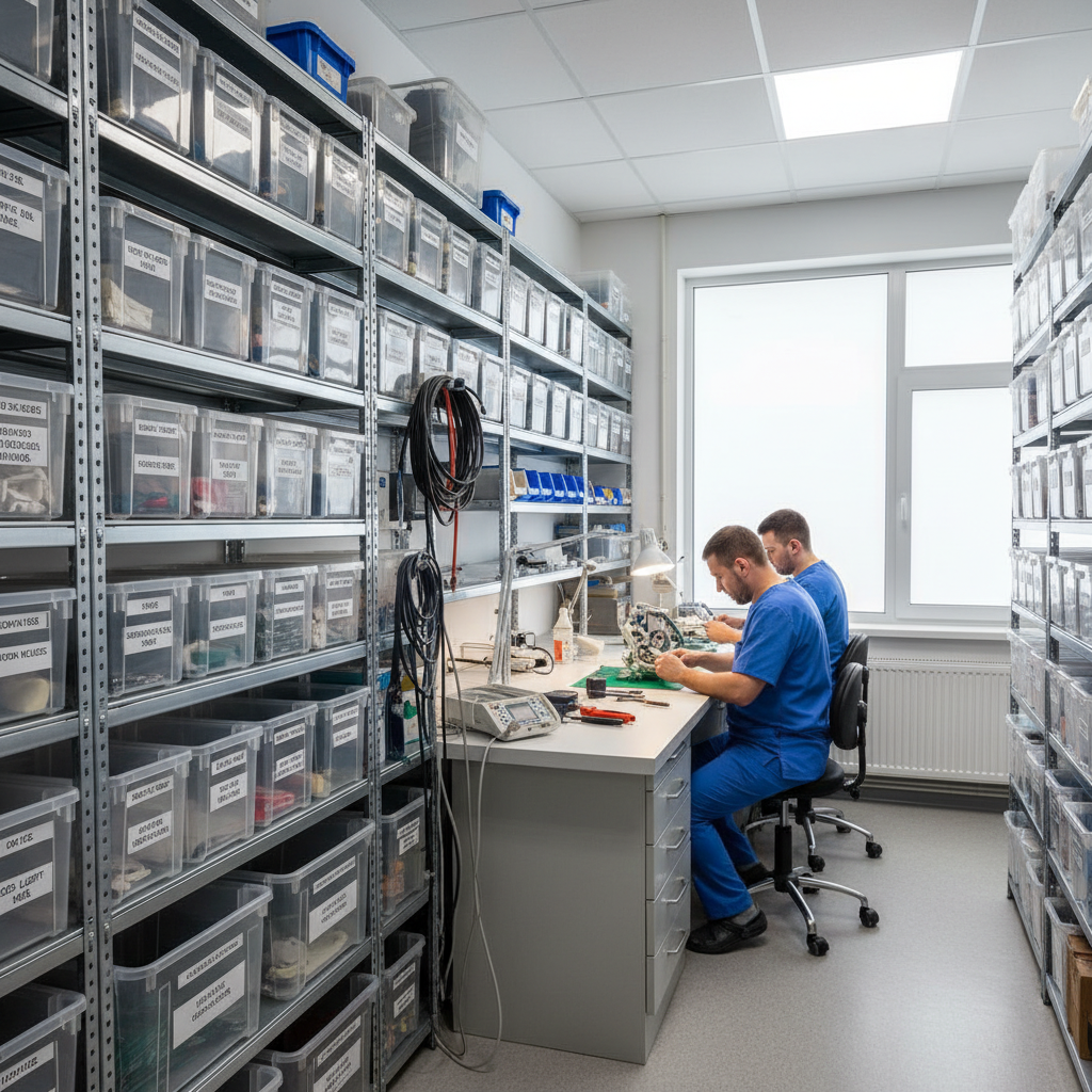 一个井然有序的储藏室，货架上整齐地摆放着贴有标签的牙科设备备件。