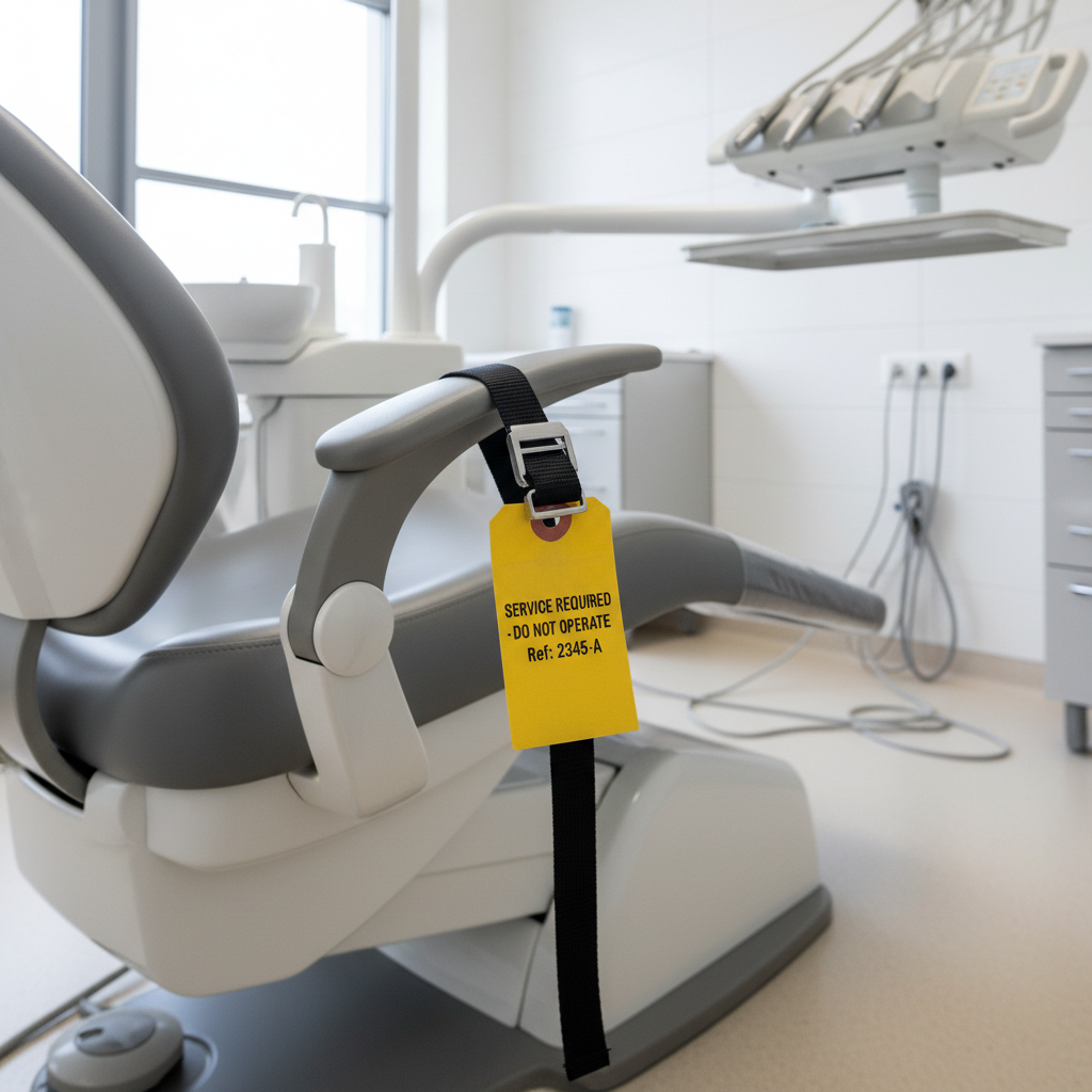 A dental chair properly prepared for a service technician, with its armrests secured and a specific component labeled with a service tag.