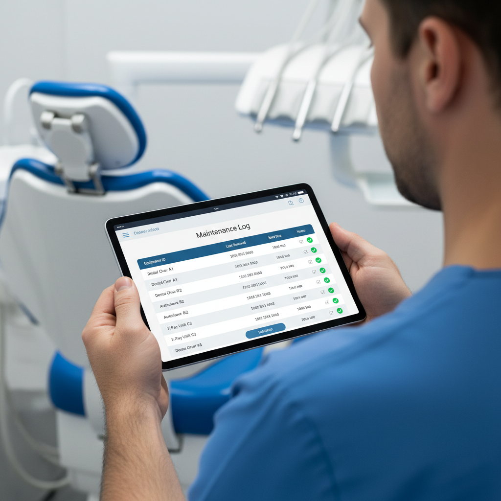 A dental assistant uses a tablet to update the digital maintenance log for a dental chair, ensuring warranty compliance.