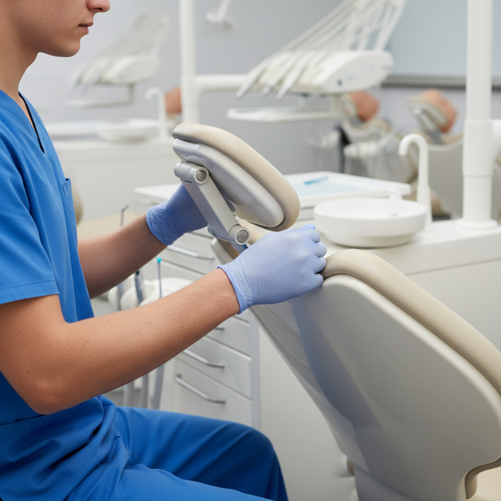 一名牙科学生在空牙科椅上练习调整,重点是头枕和靠背的人体工程学范围。