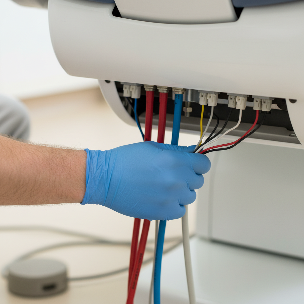A dental assistant performing a weekly maintenance check on a dental chair, focusing on hydraulic lines.