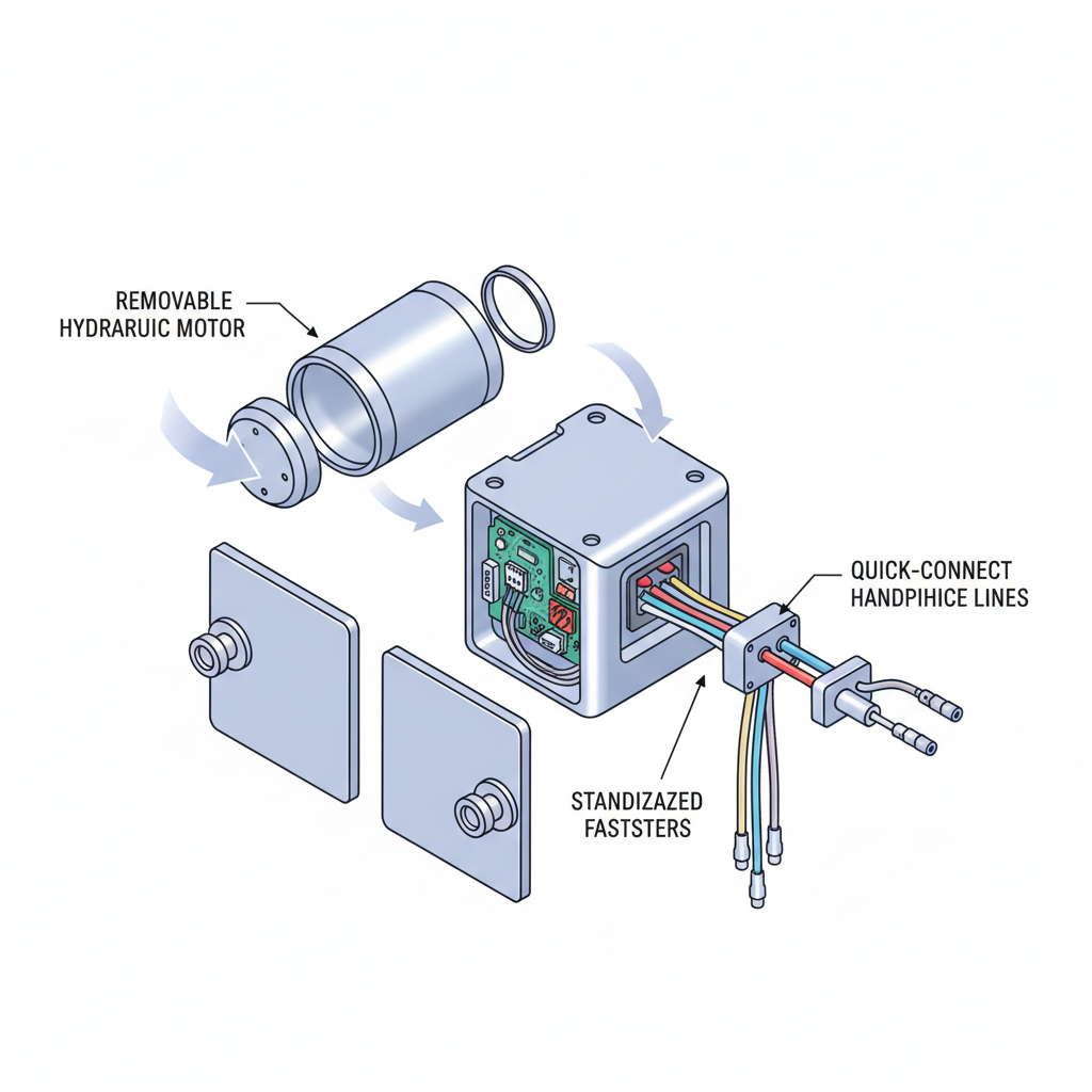 An exploded-view diagram of a dental chair showing its modular components like the swappable motor and accessible service panels.