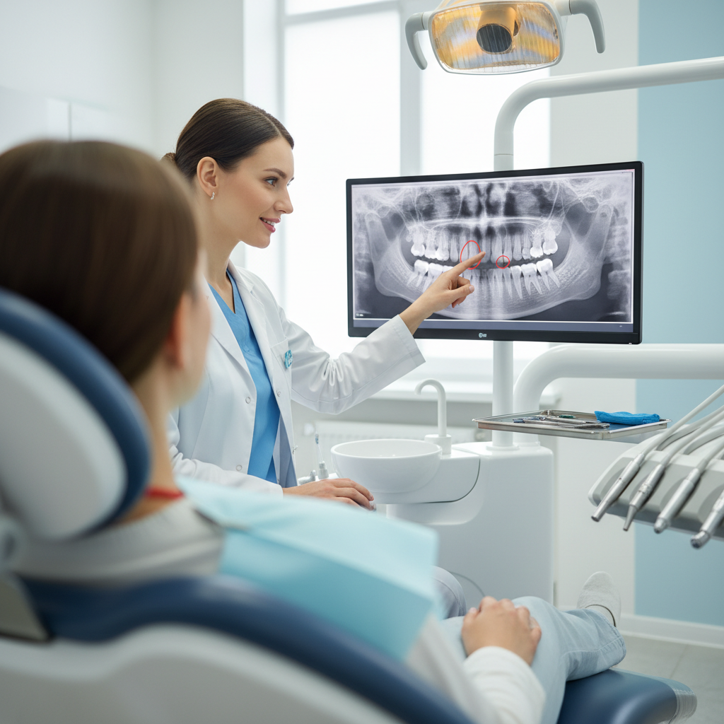 A dentist shows a patient an image of their teeth on a monitor attached to the dental chair.