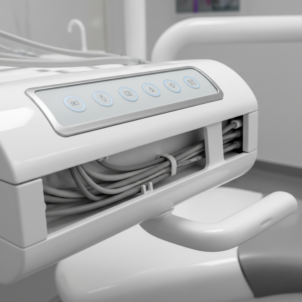 Close-up on the side of a dental chair showing clean, organized cable management and integrated control buttons.