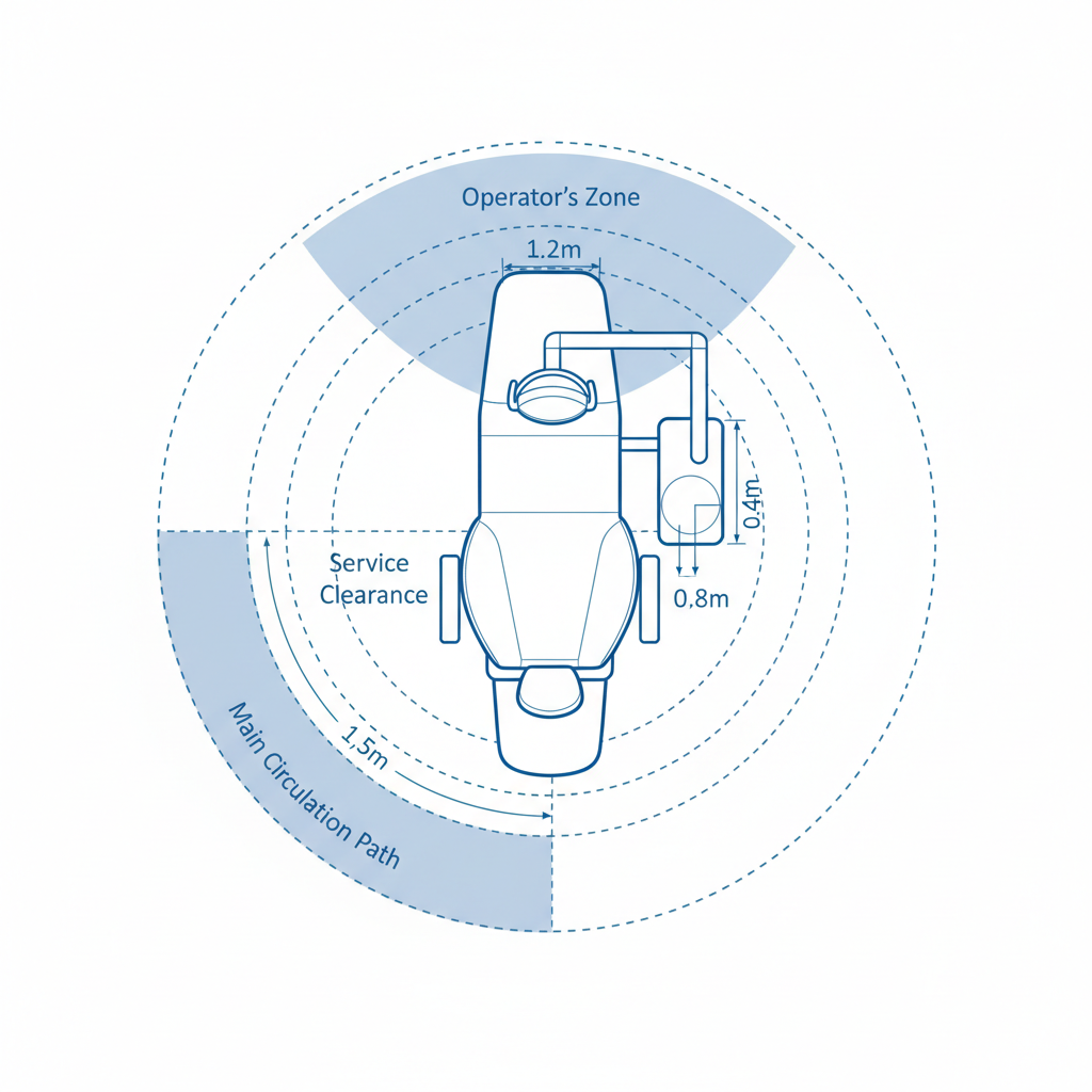 图示牙科治疗椅周围操作员和助手活动的最佳间隙。