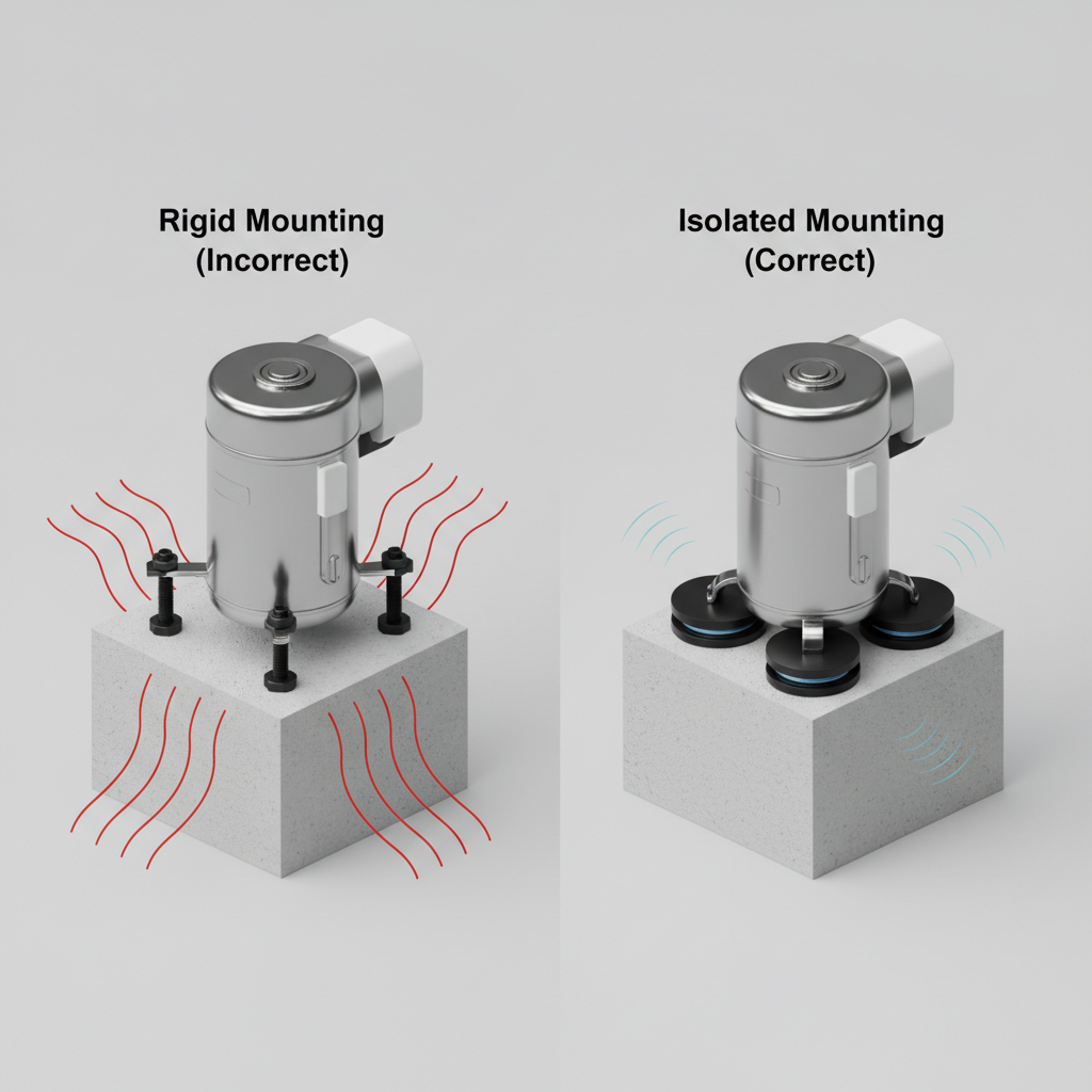 A diagram showing a compressor on vibration isolators compared to one bolted to the floor.