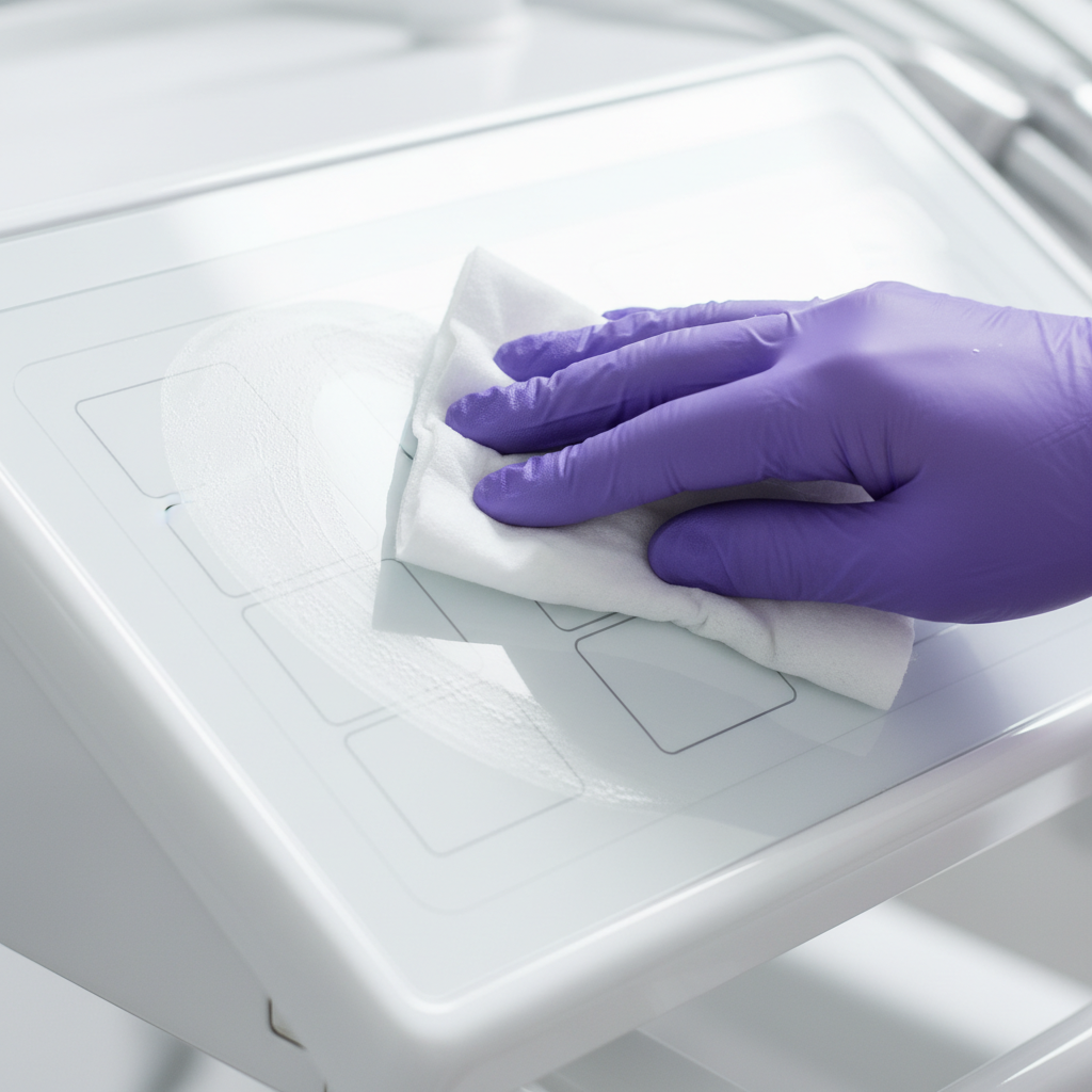 A close-up of a gloved hand easily wiping down a seamless dental unit control panel, demonstrating simple and effective disinfection.
