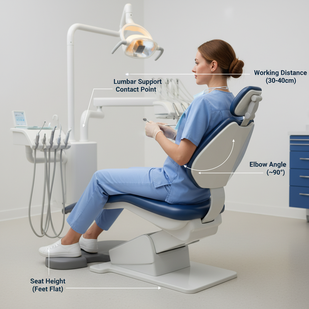 图表或照片叠加显示牙科操作员的人体工学关键调整点:座椅高度、靠背角度和工作距离。