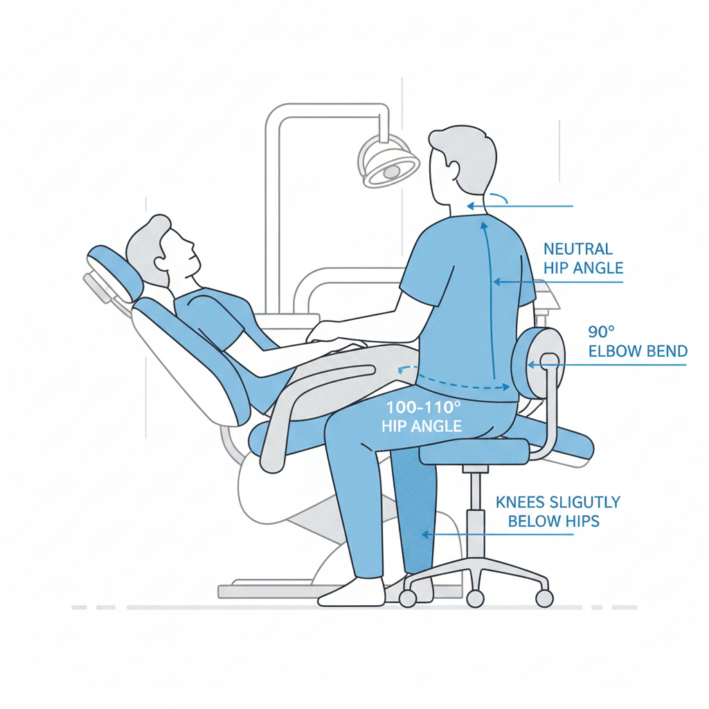 显示牙科医生理想人体工学姿势的图表,清楚标明臀部、膝盖和肘部的角度。