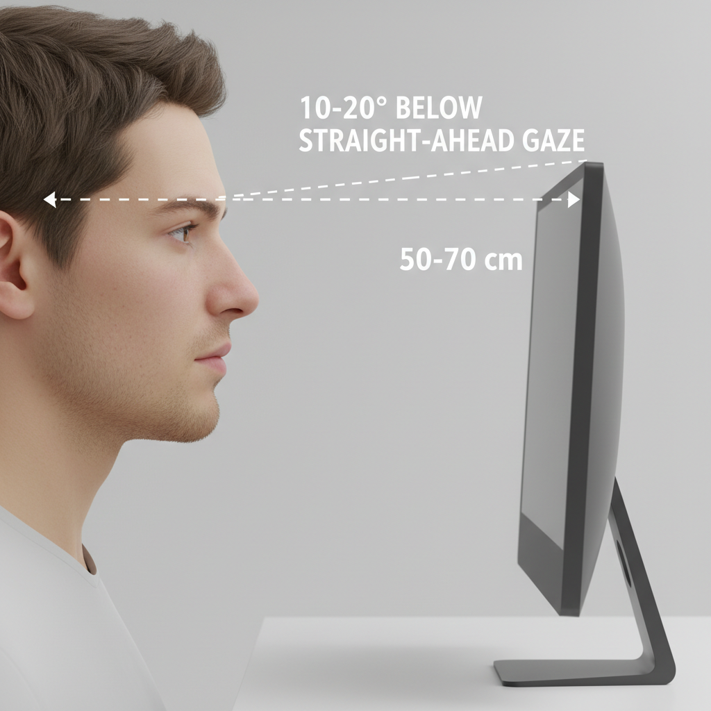 特写显示从业人员头颈部相对于显示器的位置,展示正确的视角和距离,以防止疲劳。