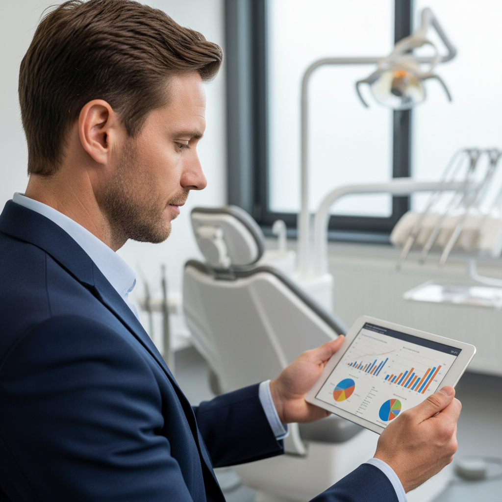 在现代化的牙科诊室环境中,一名诊所经理正在用平板电脑分析数据。