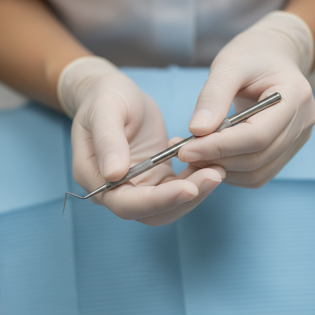 A close-up photograph of a dentist's hands demonstrating a neutral, relaxed grip on a dental instrument while working in a patient's mouth.