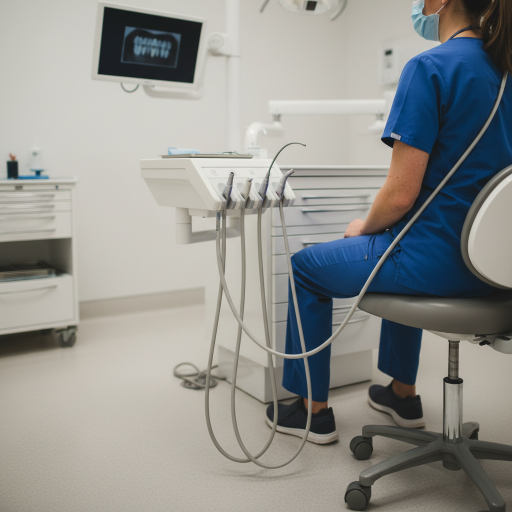 一名助理示范正确的人体工学姿势，正确放置公用设施线路，以避免交叉和绊倒危险。